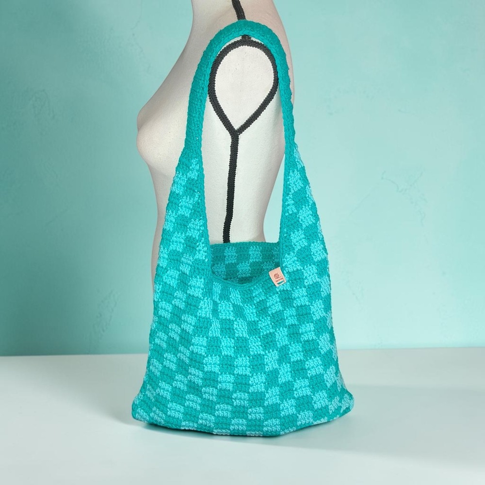 Handmade Blue Checker Checkerboard Crochet Shoulder Tote Bag